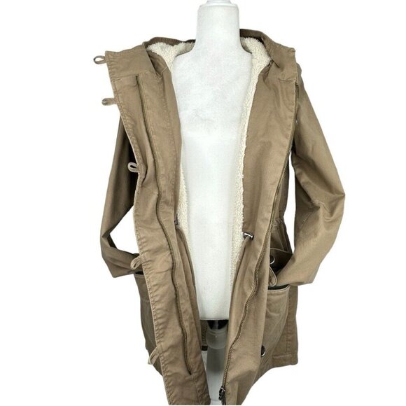 Calvin Klein Women’s Tan Hooded Sherpa Mid-Length Coastal Parka Coat S/C41 - Picture 2 of 16